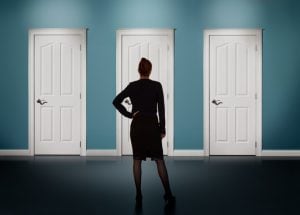 businesswoman female woman lawyer making decision deciding choice doors
