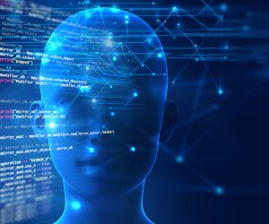 3D rendering of human brain on programming language background