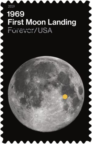 Moon photo by Greg Revera, stamp image via U.S. Postal Service