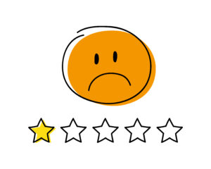 mala crítica infeliz Icono de calificación: una estrella.  Stickman de color naranja feliz.  Vector.