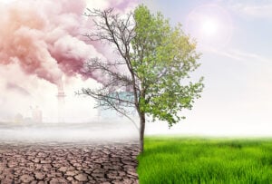 comparando la tierra verde y el efecto de la contaminación del aire por la acción humana, el concepto de calentamiento global, el árbol verde y la tierra verde con tierra ligera y árida con contaminación del aire en el fondo