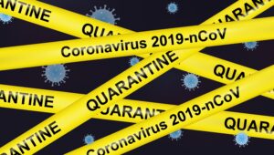 Vector Coronavirus covid-19 or 2019-nCoV quarantine poster with yellow stripes.
