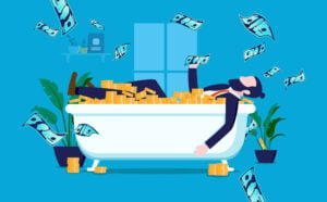 Rich investor businessman – Corporate hipster bathing in bathtub filled with money at home
