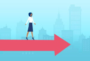 path career choice diverse woman Vector of a business woman walking on a red arrow on a city scape background