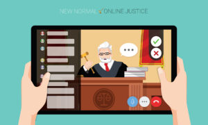 virtual court New normal concept and physical distancing, Hands holding tablet and wayching the judge adjudges case online for prevention from disease outbreak. Vector illustration of new behavior after Covid-19 pandemic concept