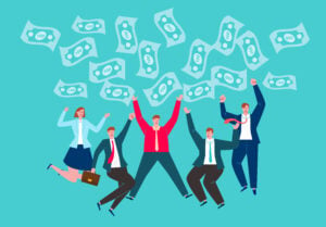 Money rain, a group of cheering jumping businessmen and a pile of money falling down, financial support and successful business concept il،ration