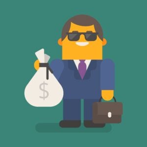 Businessman in sunglasses holds bag of money and suitcase. Vector character