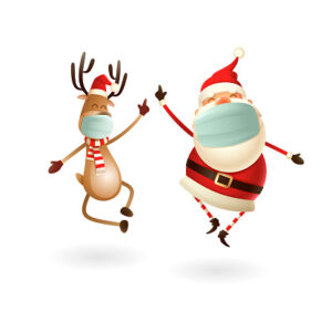 Happy cute Santa Claus and Reindeer with antivirus masks celebrate Christmas holidays – vector illustration isolated on white background