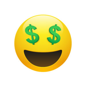 Emoji yellow smiley face with dollar symbol eyes