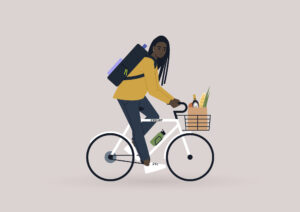 A young female Black character riding a bike with a basket and a bottle holder, modern lifestyle