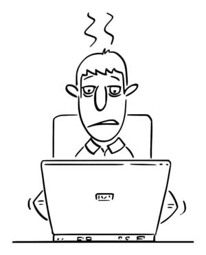 Vector Comic Cartoon of Tired or Overworked Businessman or Man or Office Worker Typing or Working on Computer