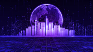 La ciudad inteligente del ciberespacio y los datos digitales del metaverso de futurista y tecnología, Internet y grandes datos de computación en la nube, concepto de fondo de análisis de datos de conexión 5g.  representación 3d