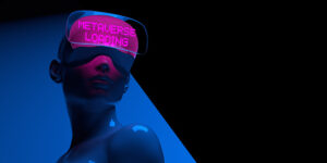 Blue female cyber with neon pink text glasses META VERSE LOADING on geometric dark background