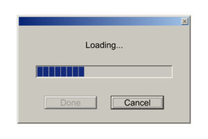 Retro download bar, alert window on computer monitor with loading message, classic style