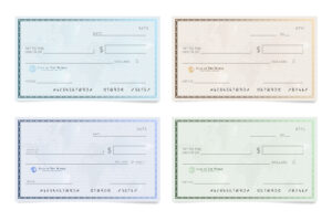 Blank template of the bank cheque. Checkbook check page with an empty fields to fill.