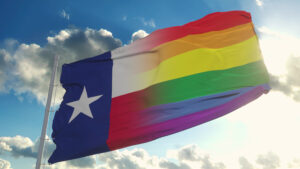 Flag of Texas and LGBT. Texas and LGBT Mixed Flag waving in wind. 3d rendering