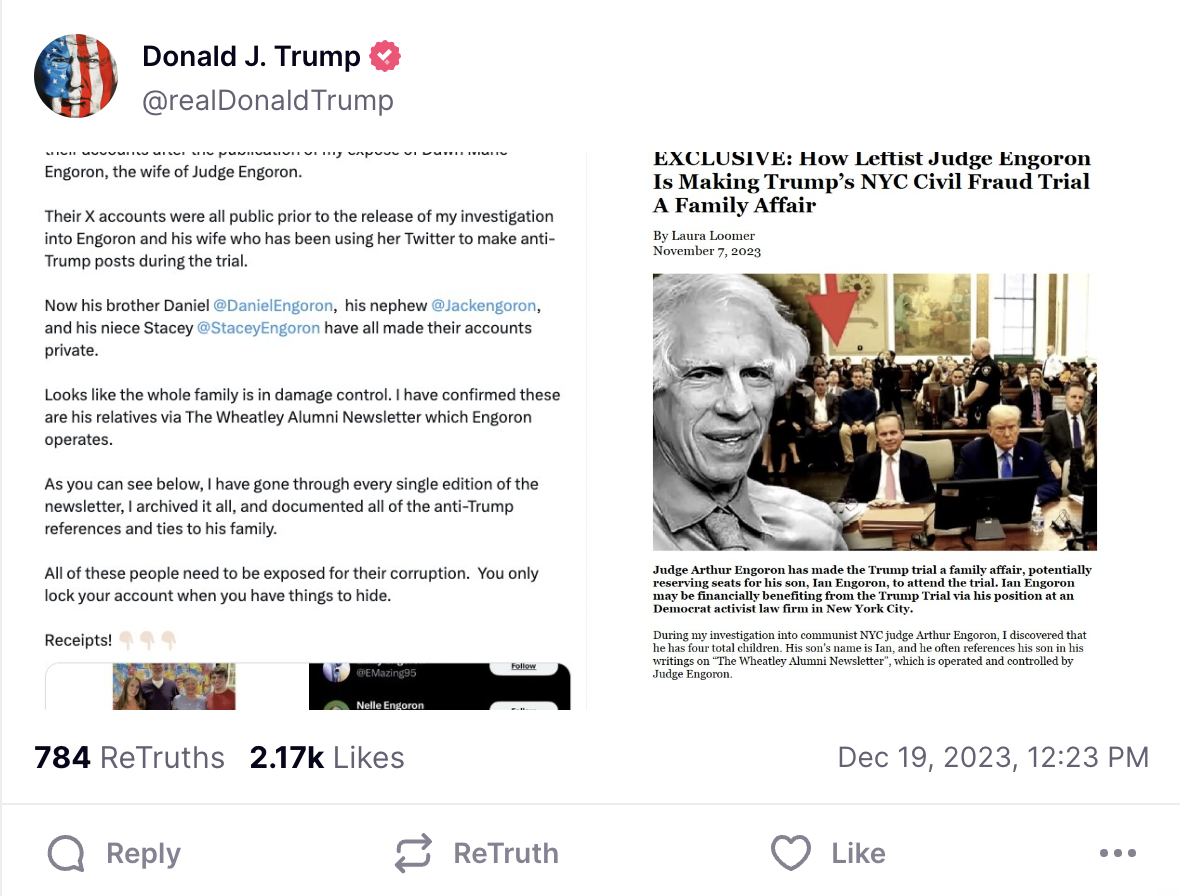 Trump Truth Social Post: screenshots of false claims by Laura Loomer that Justice Arthur Engoron is sitting in the courtroom during the trial