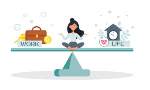 work/life balance The girl is balancing between work and life. Career or family relationships. Choice. Vector illustration in cartoon style