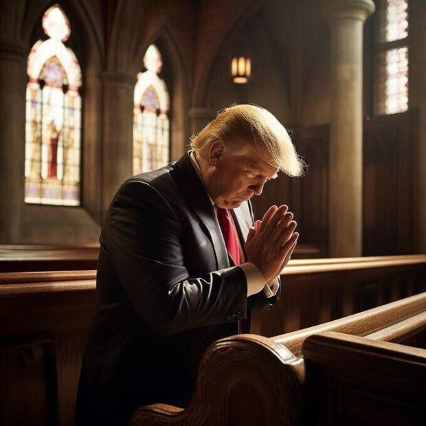 AI generated image of Trump with six fingers praying in church, posted on his Truth Social feed