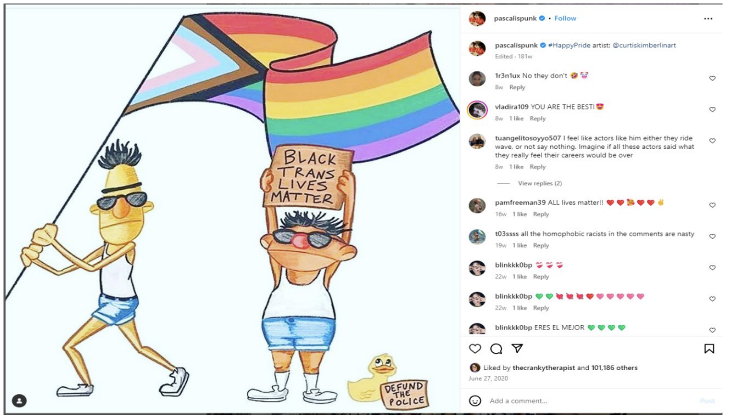 Cartoon of Bert and Ernie holding gay and trans pride flags.