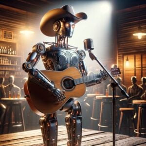 DALL·E 2024-03-21 21.29.07 – Imagine a robot designed as a country singer, standing on a rustic wooden stage under the warm glow of spotlight. The robot has a classic cowboy hat t