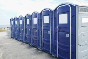 rows of portable toilet outdoor