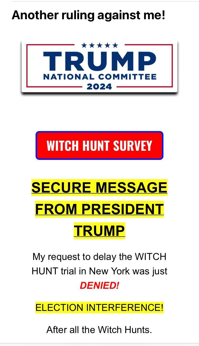 Another ruling against me , my request to delay the WITCH HUNT trial in New York was just denied! ELECTION INTERFERENCE!