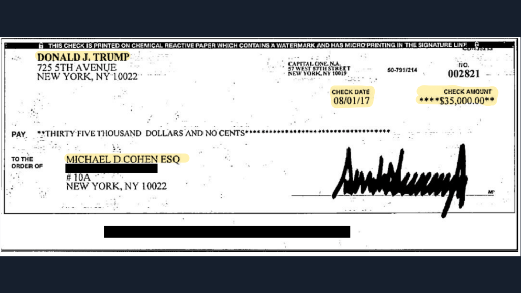 Check from Donald Trump to Michael Cohen dated August 2017