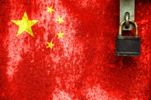 Flag of China is in texture. Template. Coronavirus pandemic. Countries are closed. Locks.