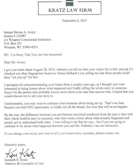 Kenneth Kratz Letter to Steven Avery