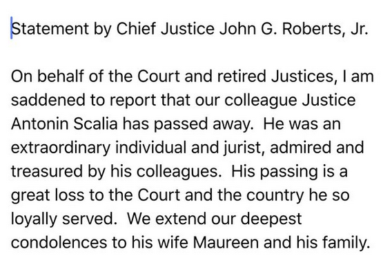 Roberts statement on Scalia