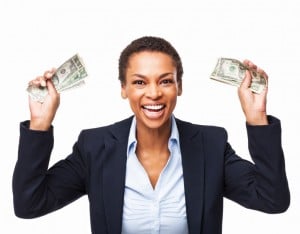 African American Businesswoman Holding Handful Of Money - Isolat