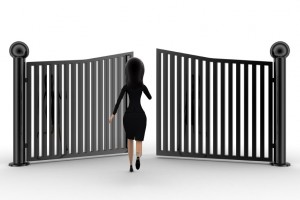 woman running and try to escape from closing gates concept