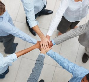 Top view of business executives walking on tiled floor