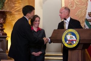 Justice Goodwin Liu, Ann O'Leary, and Governor Jerry Brown (Office of the Governor of California)
