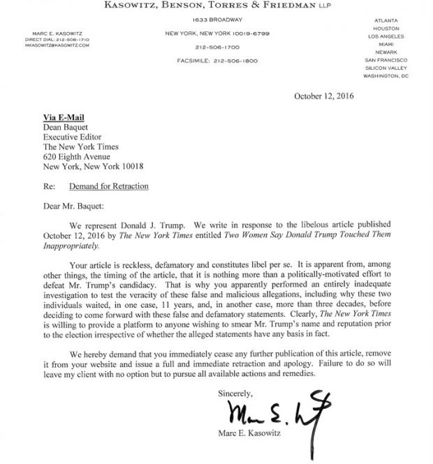 Kasowitz Retraction Letter to NYT