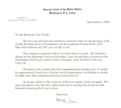Justice Anthony M Kennedy letter to law clerks