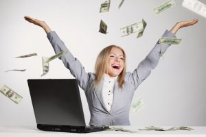 businesswoman lawyer associate raining bonus money hands in air