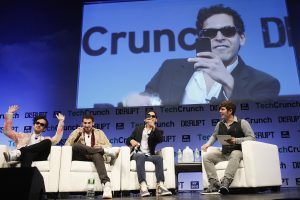 (L-R): Tom Lehman, Ilan Zechory and Mahbod Moghadam of Rap Genius speak onstage with Josh Constine at TechCrunch Disrupt NY 2013. (Photo by Brian Ach/Getty Images for TechCrunch)