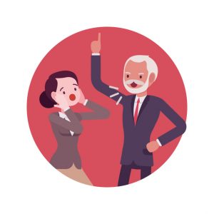 Quarrel scene in the office between the boss and worker. Man and women in a formal wear. Cartoon vector flat-style business concept illustration