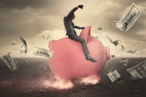 bonus money cash lawyer riding piggy bank