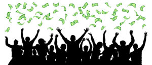 Money falls on crowd people. Cheerful people are happy luck. Dollar rain vector illustration. Reaching a team of people