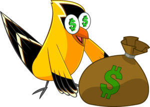 Goldfinch Bird Cartoon Character With Money Bag