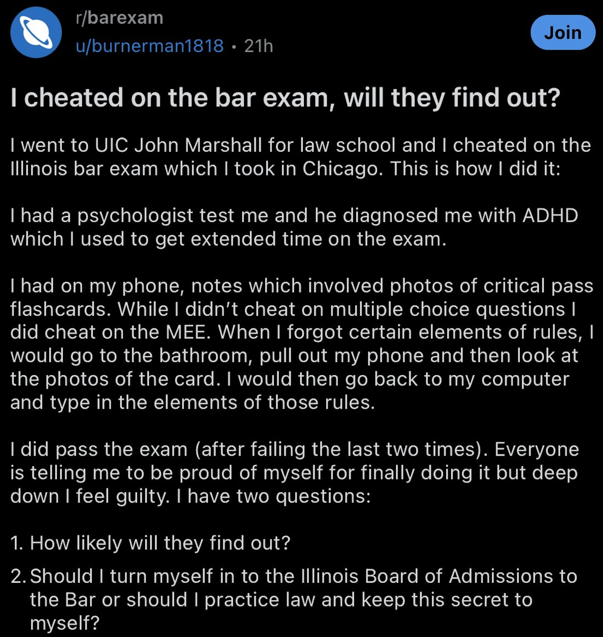 Step 1: Cheat On The Bar Exam, Step 2: Announce On Reddit That You Cheated  On The Bar Exam - Above the Law