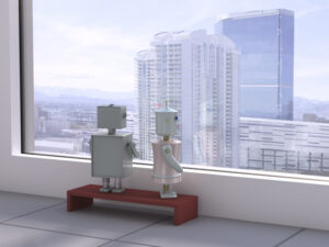 Male and female robot at the window looking at skyline, 3D rendering