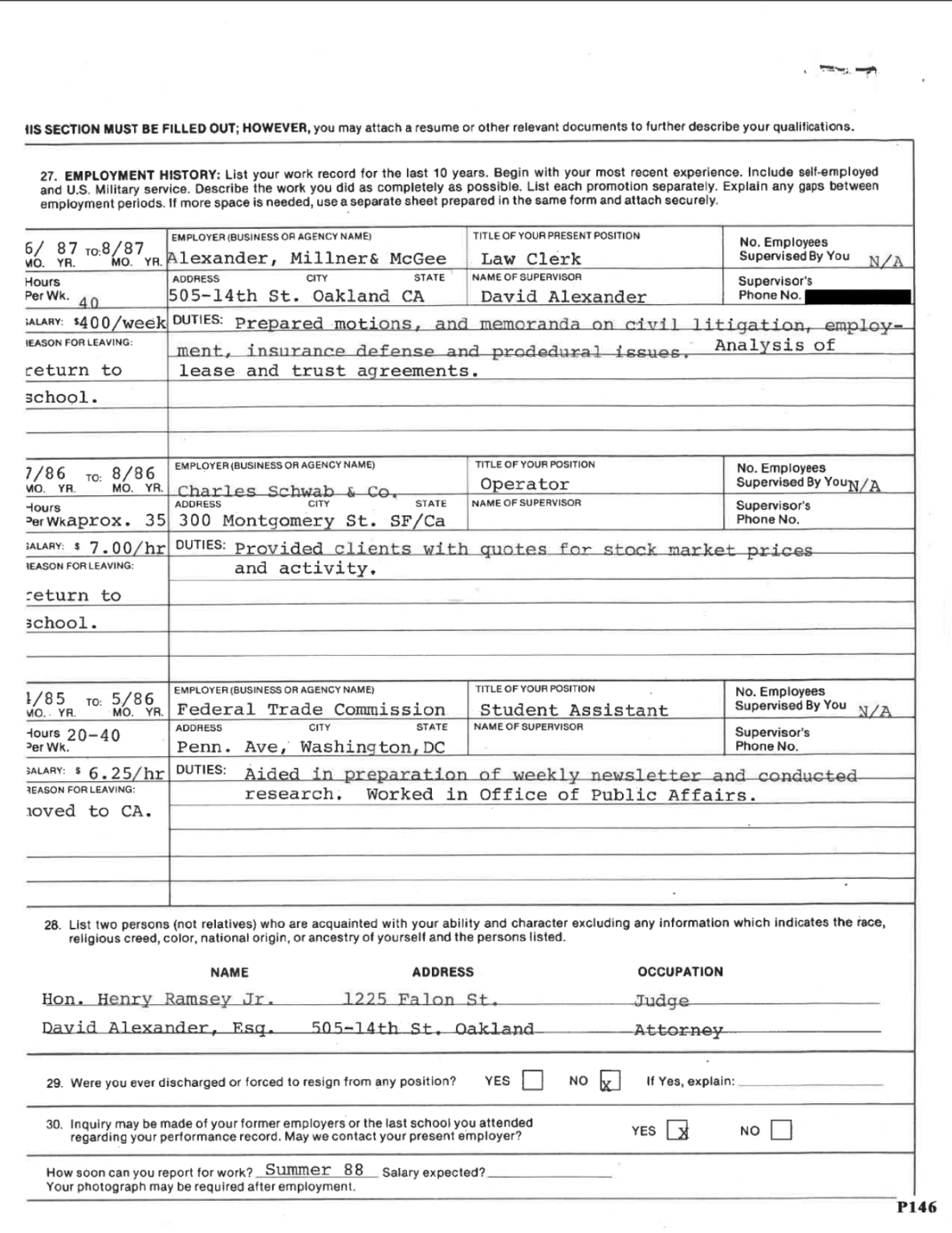 Demande de stage de Kamala Harris 1987 