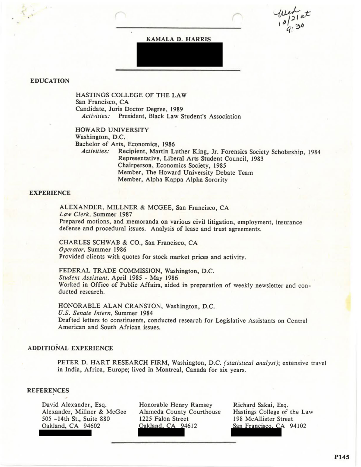 Kamala Harris 1987 Clerkship Application 