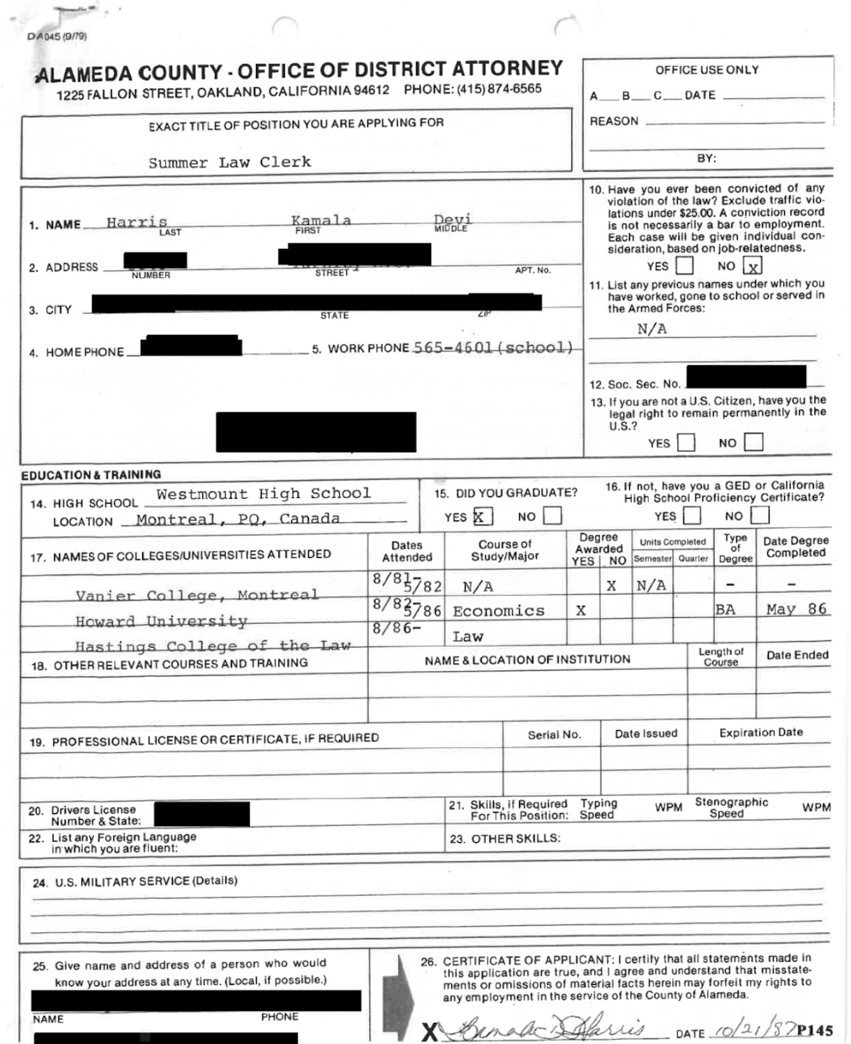 Kamala Harris 1987 Clerkship Application 