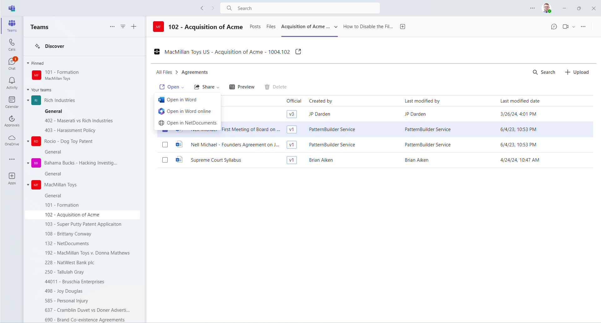 NetDocs Figure 2 Team file opening options