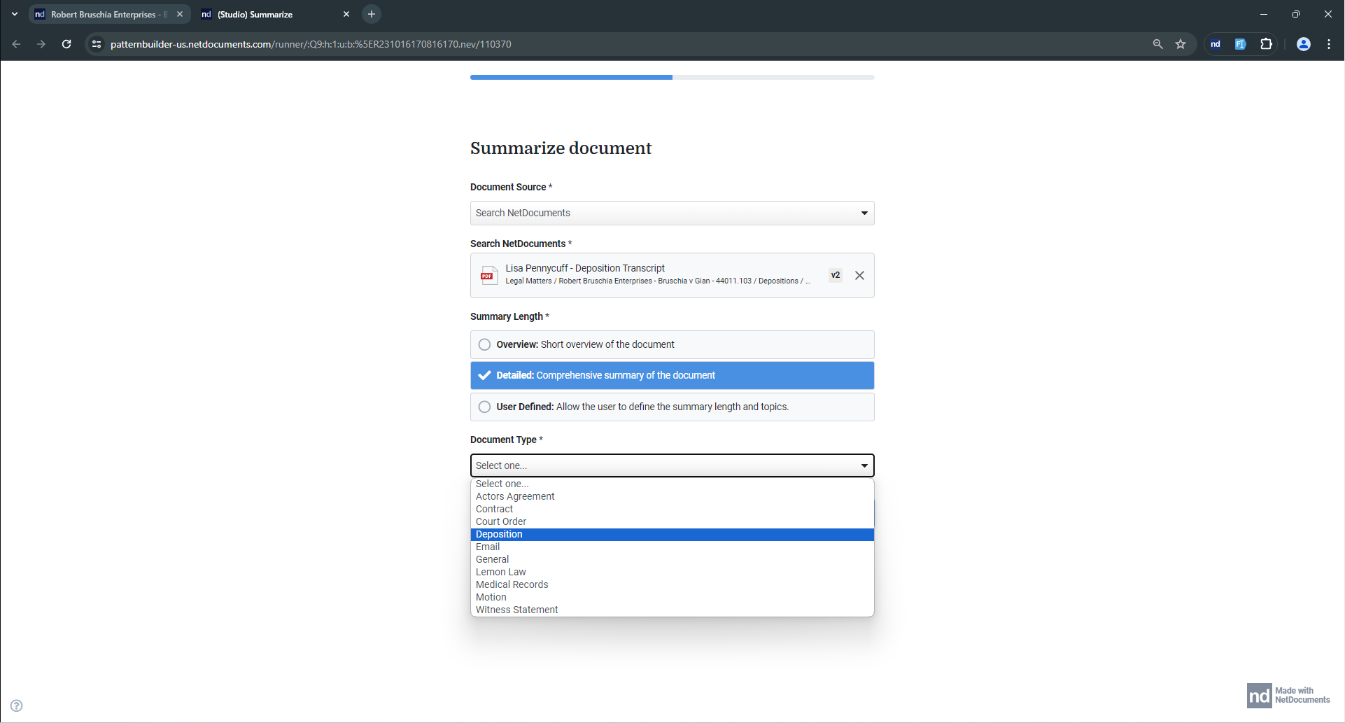 NetDocs Figure 3 Studio Summarize Document and Type Selector